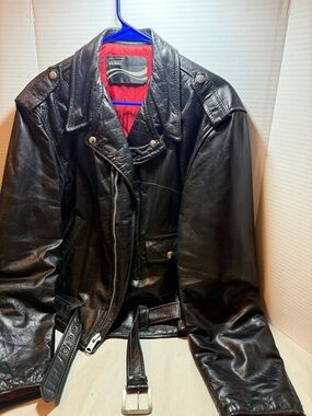 Men's Black Leather Biker Jacket with Red Lining